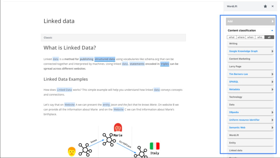 screenshot of WordLift