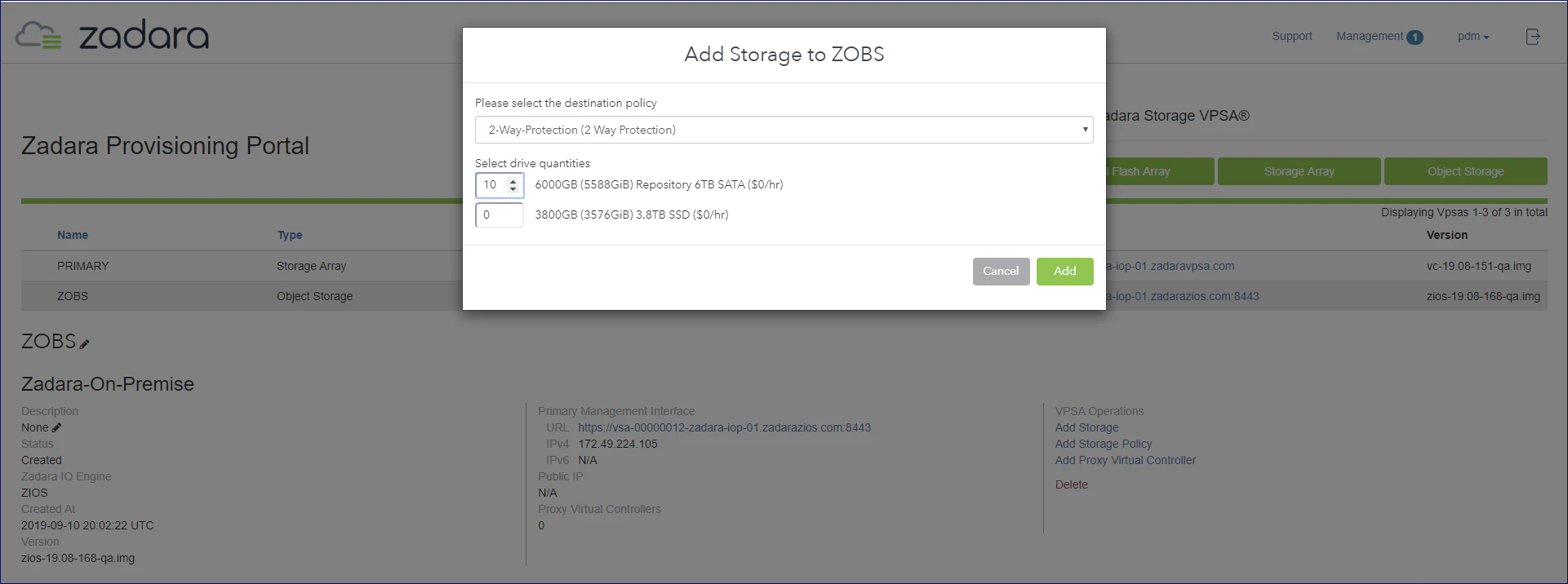 screenshot of Zadara