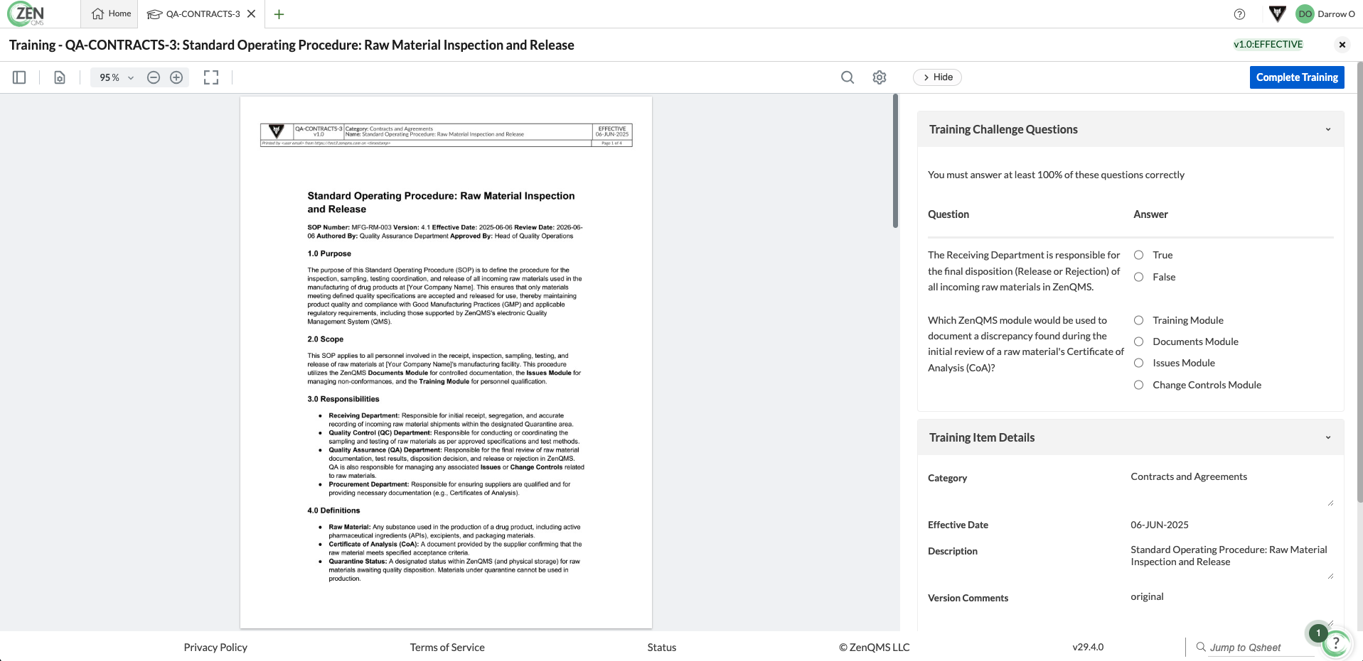 screenshot of ZenQMS