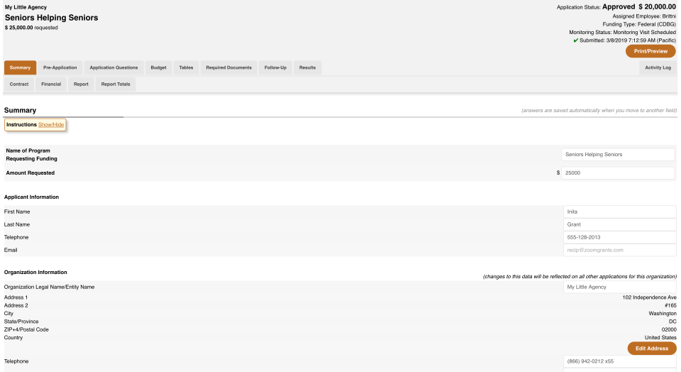 screenshot of ZoomGrants