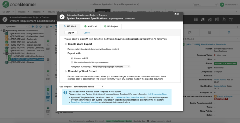 screenshot of codebeamer