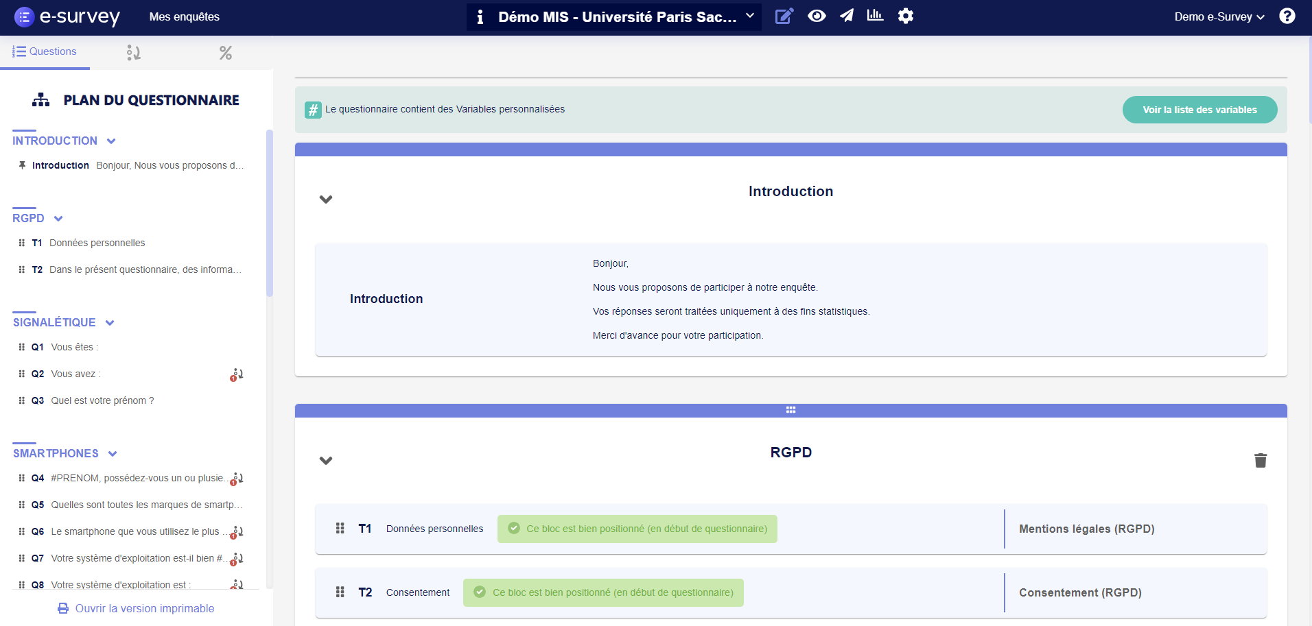 screenshot of e-Survey