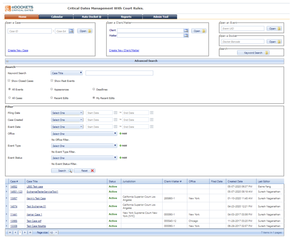 screenshot of eDockets