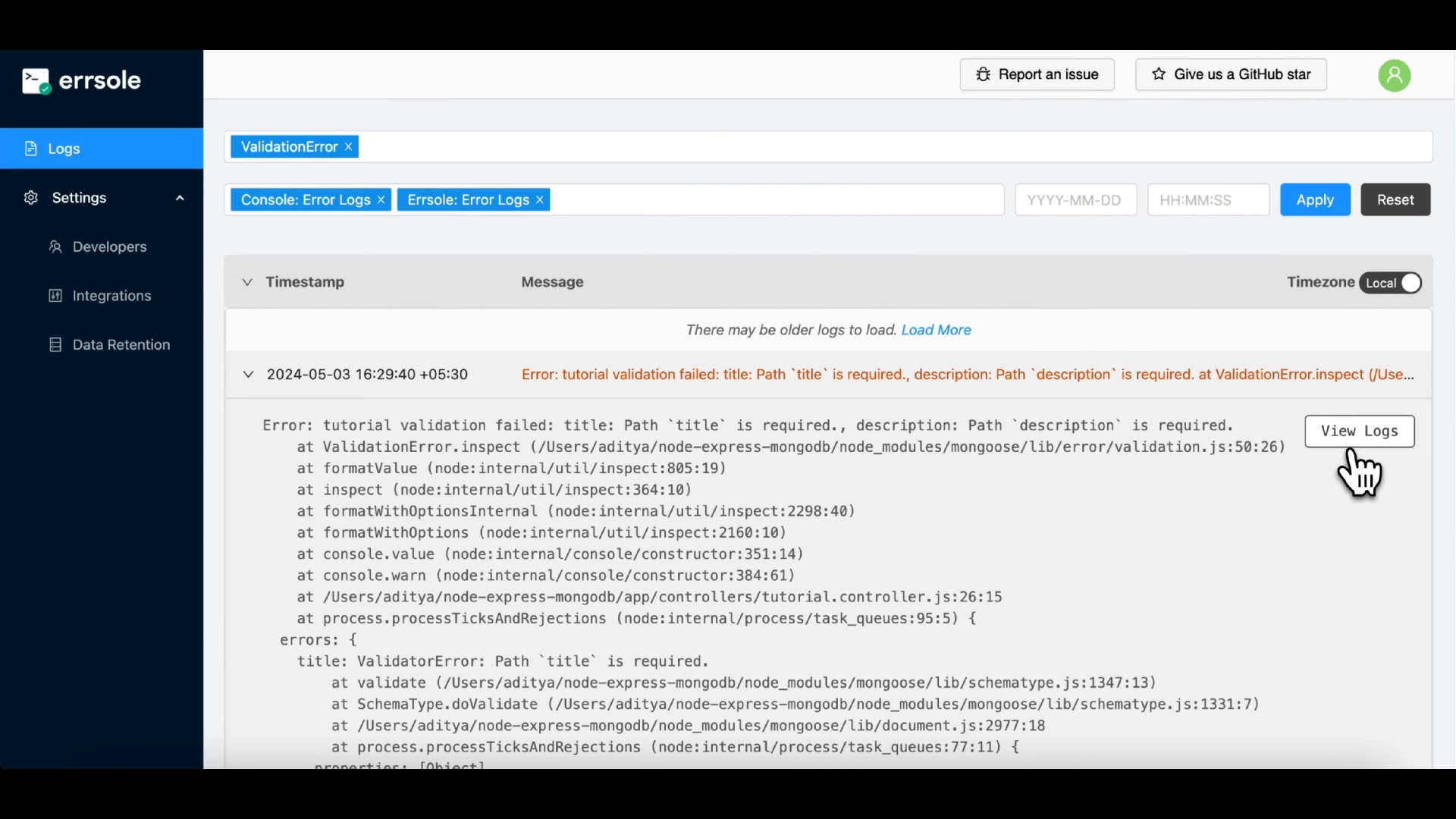 screenshot of errsole