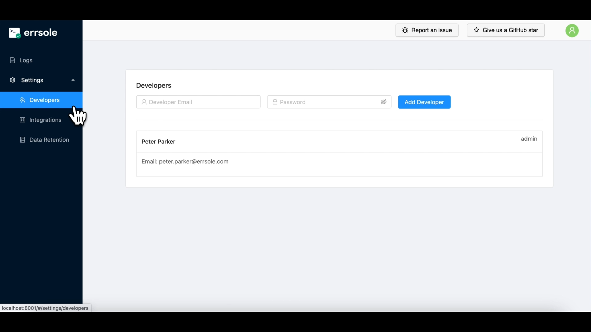 screenshot of errsole