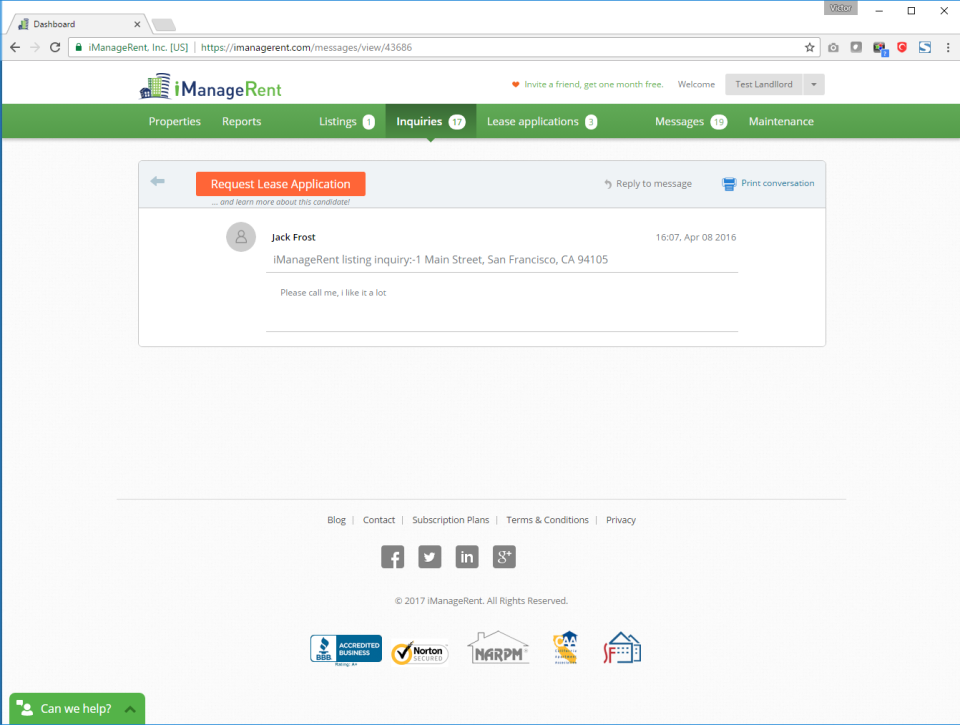screenshot of iManageRent