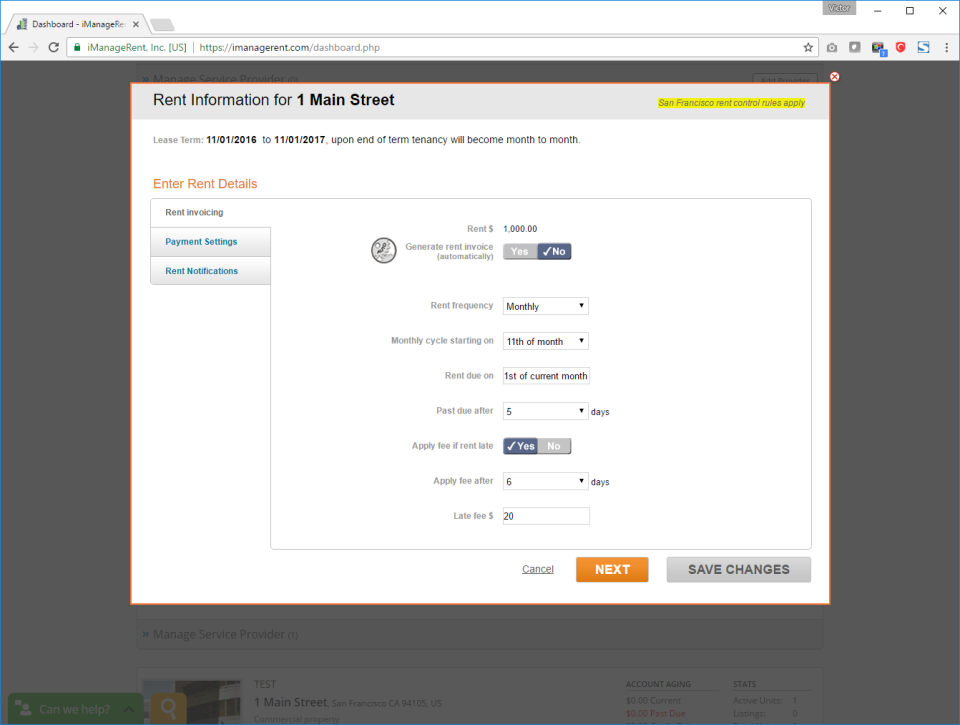 screenshot of iManageRent
