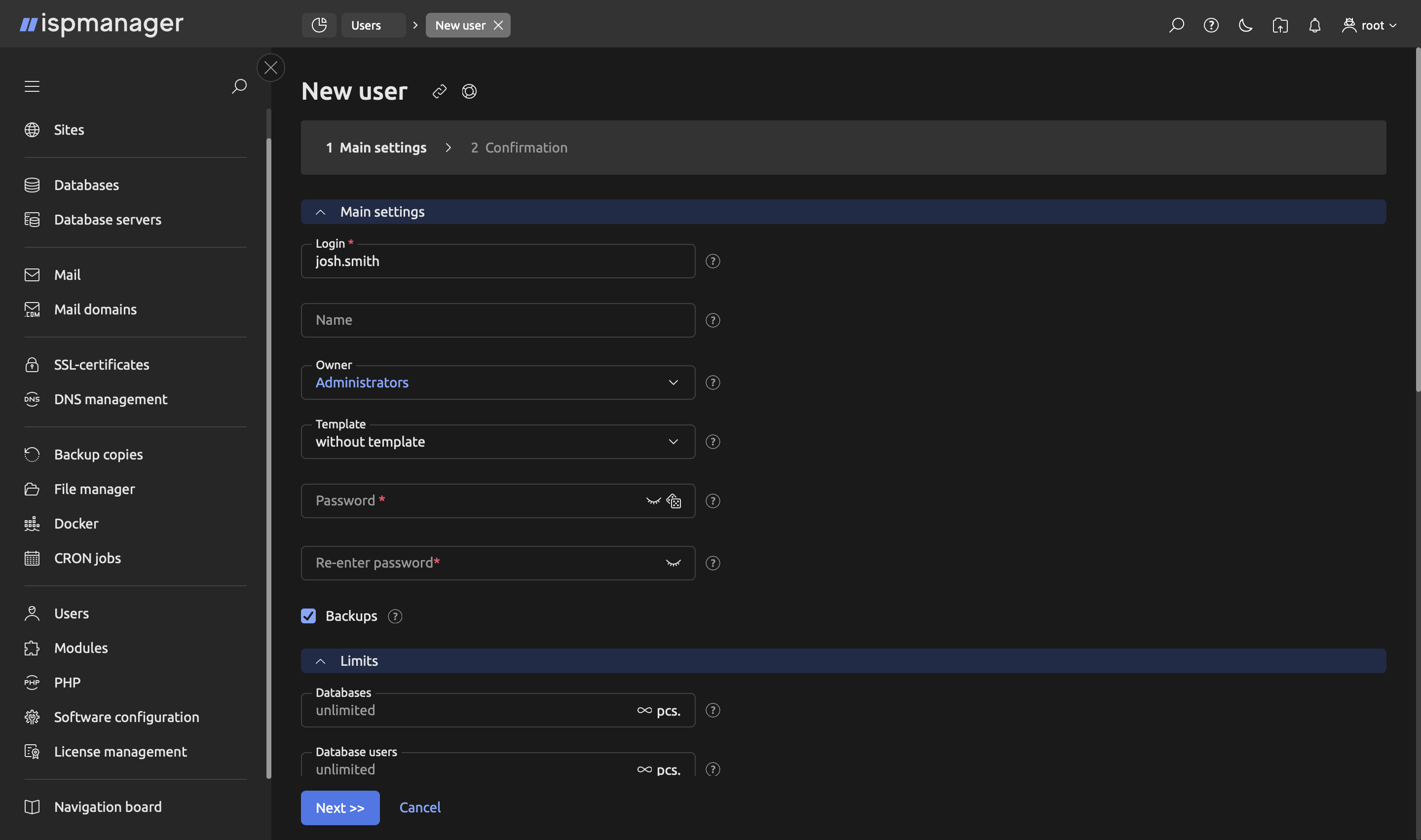 screenshot of ispmanager