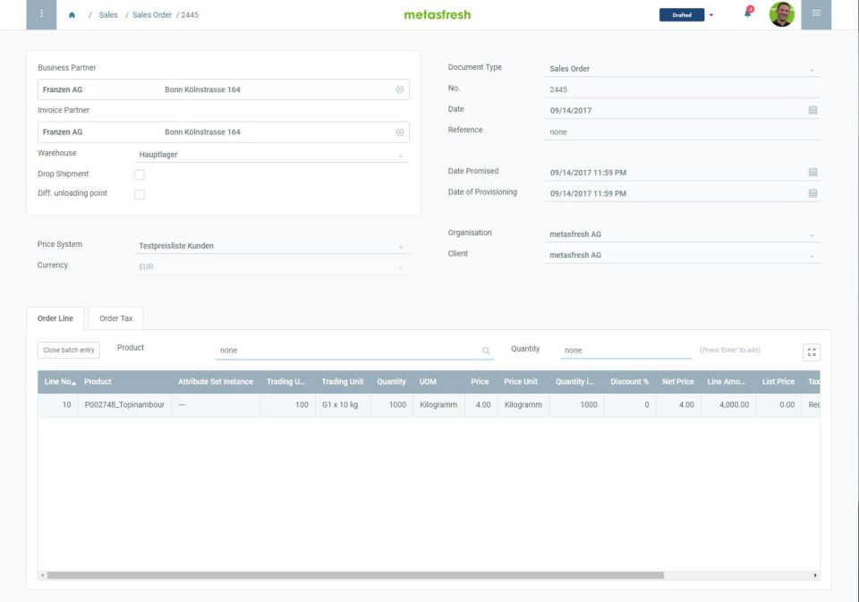 screenshot of metasfresh