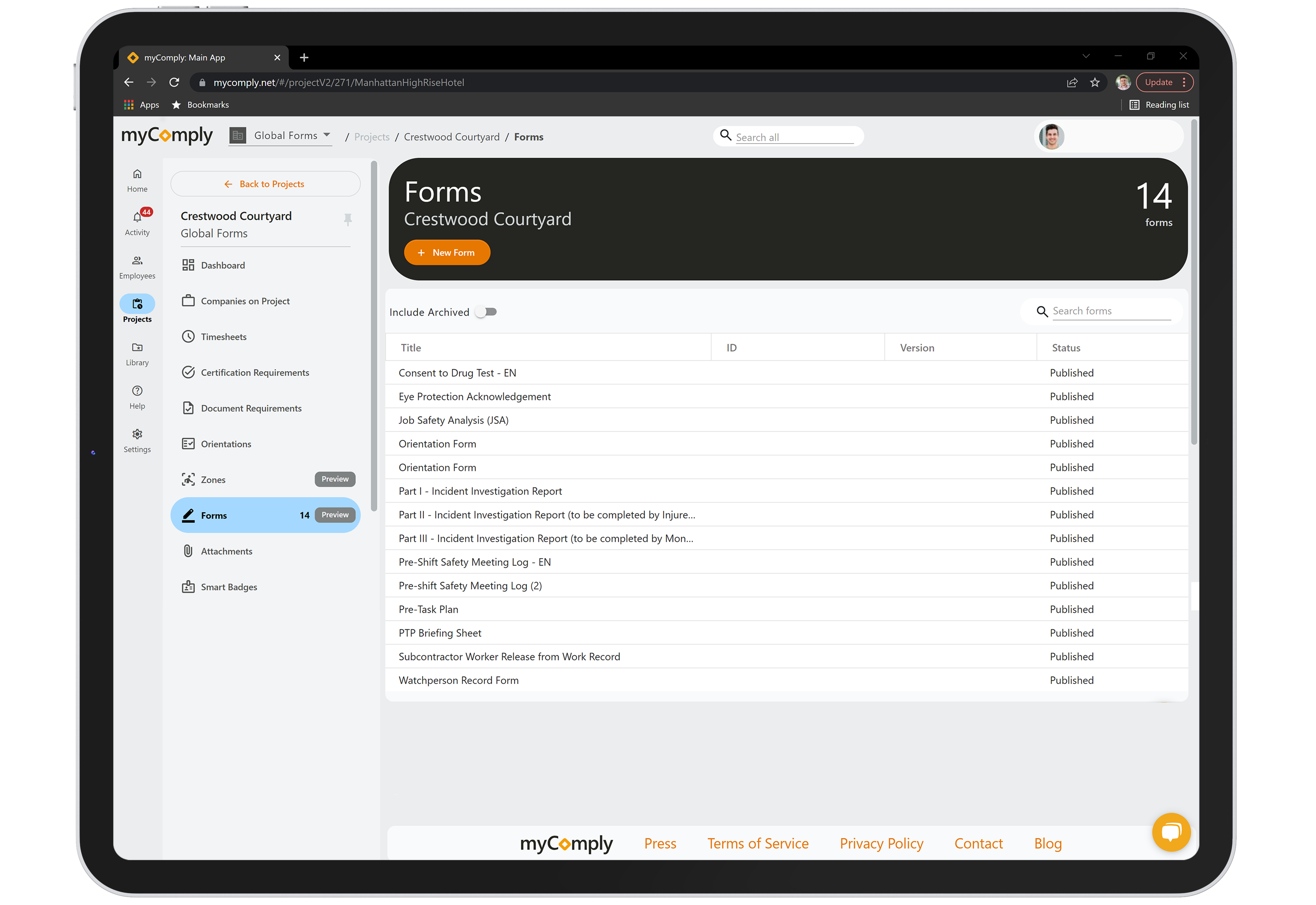 screenshot of myComply