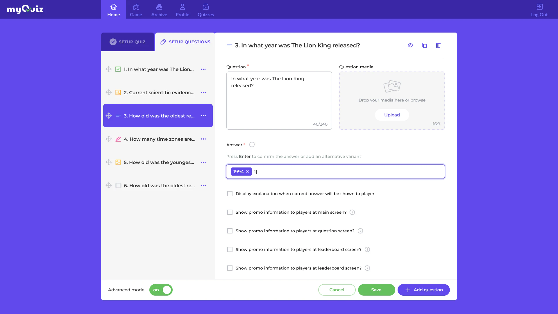 screenshot of myQuiz