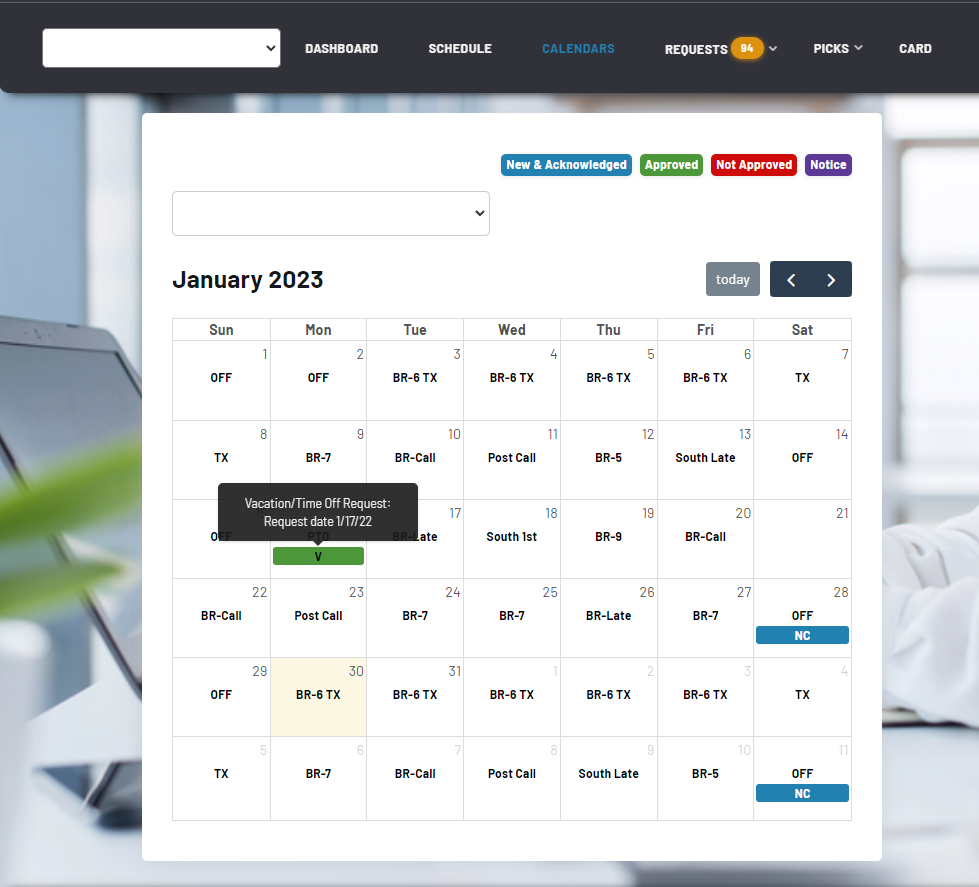 screenshot of myStaffSchedule
