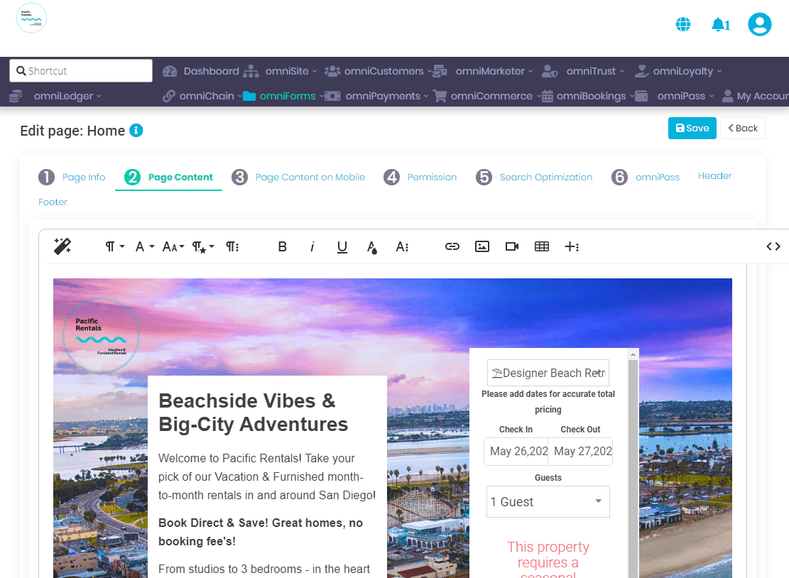 screenshot of omniBookings