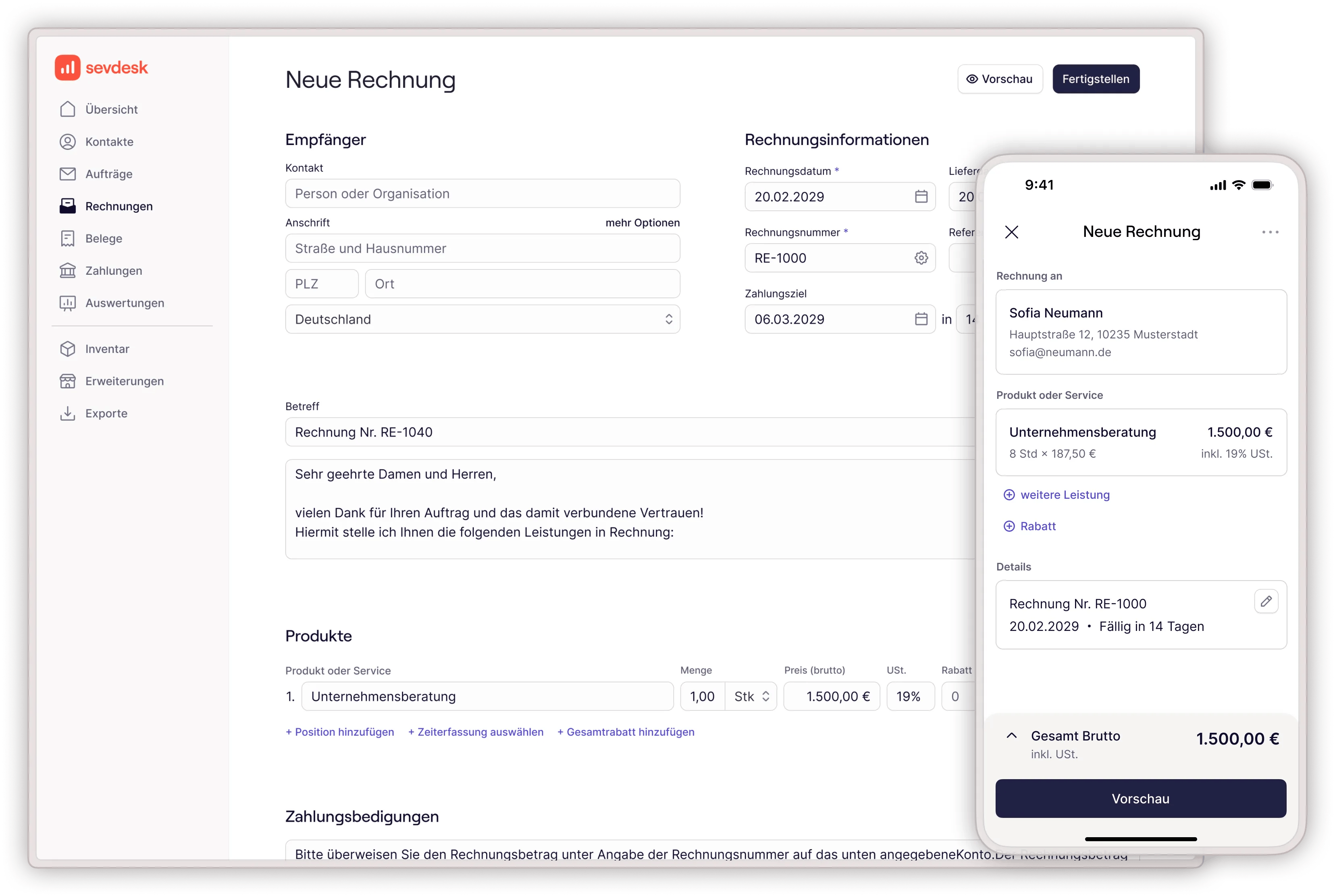 screenshot of sevdesk