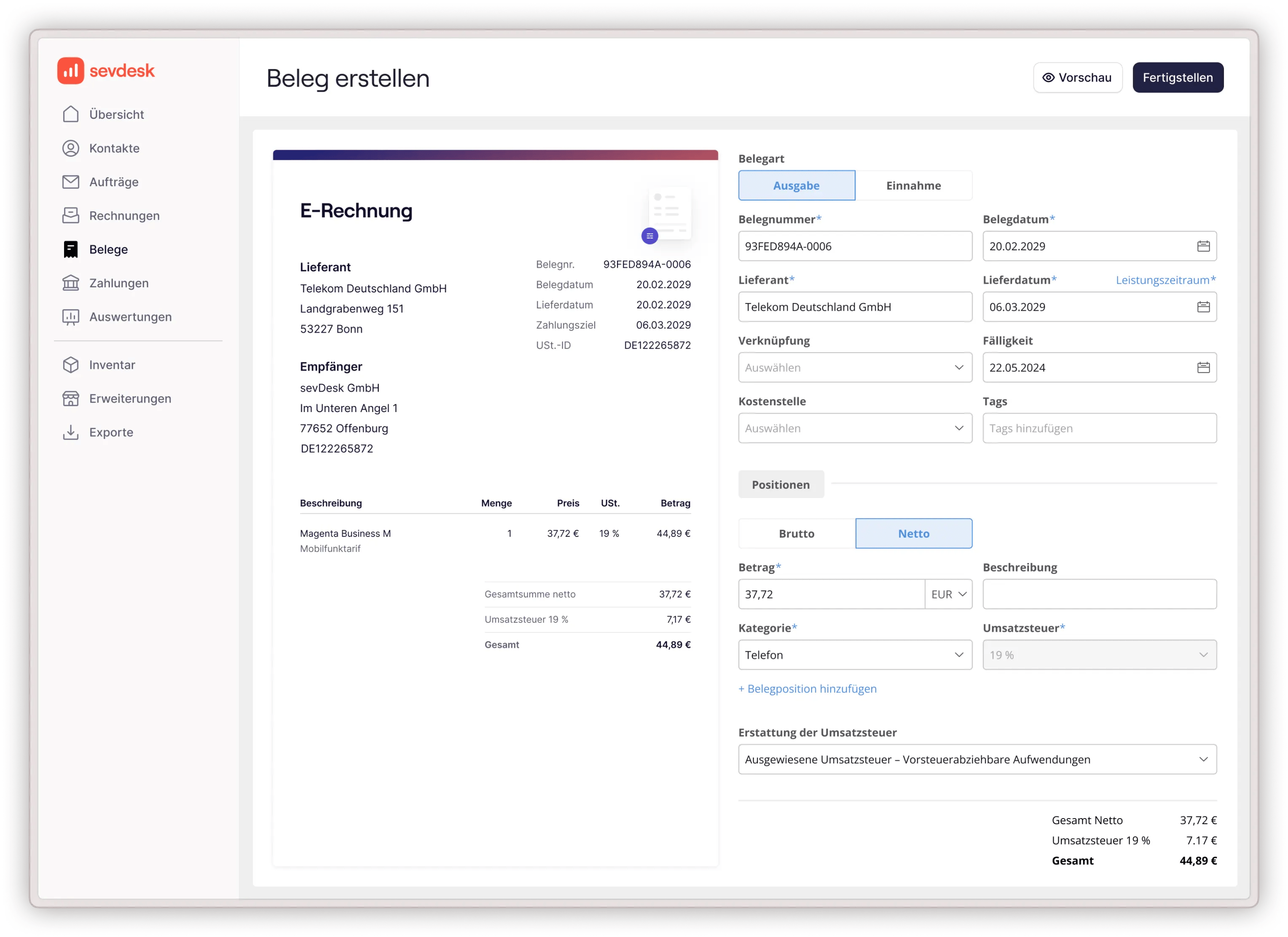 screenshot of sevdesk