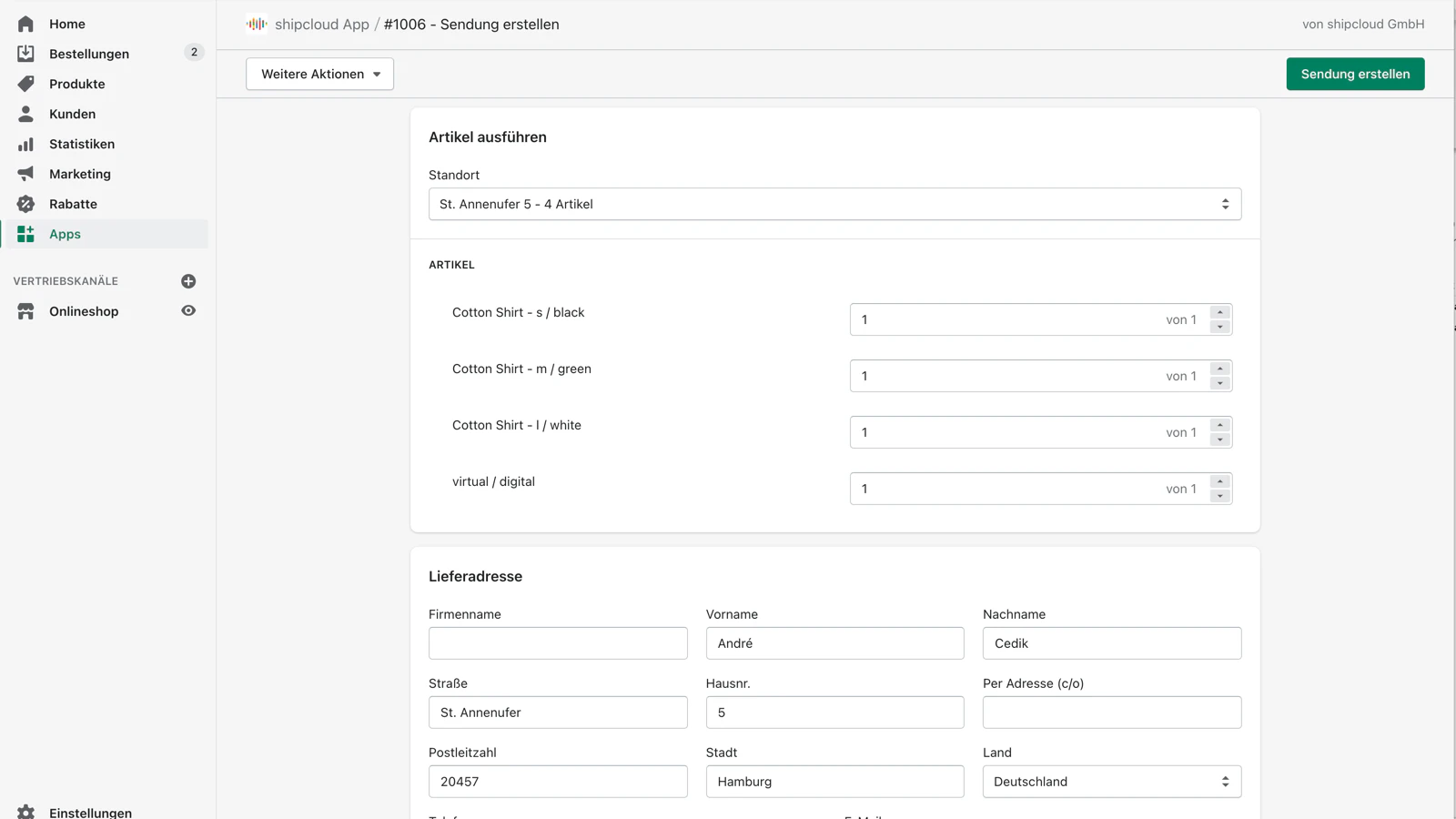 screenshot of shipcloud