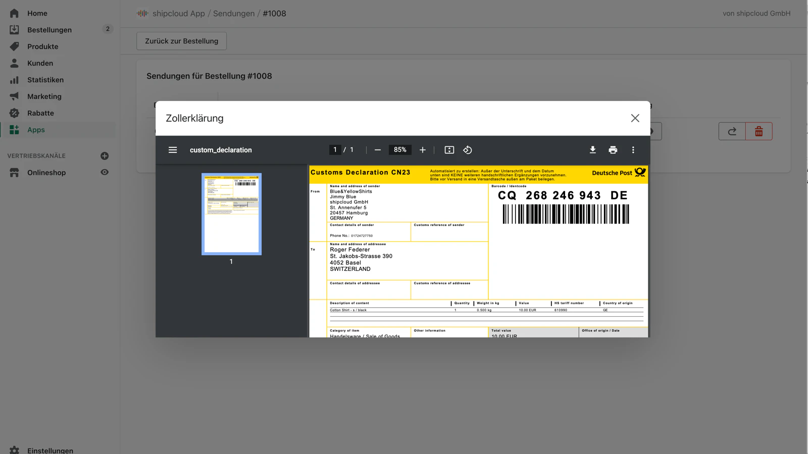 screenshot of shipcloud